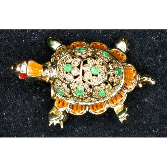 Jewelry - Alice Caviness Turtle Pin / Brooch Sterling Silver Green/Orange Enamel 1940s/50s